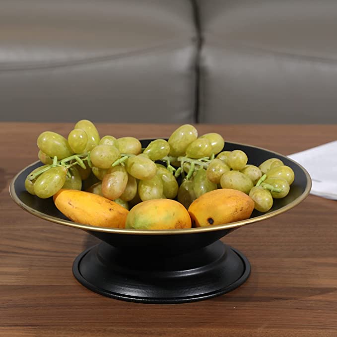 10-inch Art Deco Style Black Metal Footed Serving Platter with Gold Rim-MyGift