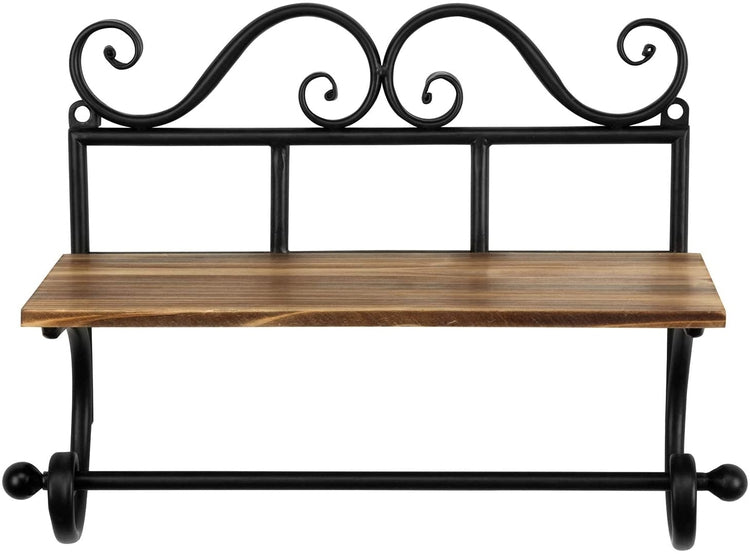 Rustic Burnt Wood Storage Shelf with Black Metal Vintage Scrollwork Design & Paper Towel Roll Holder-MyGift