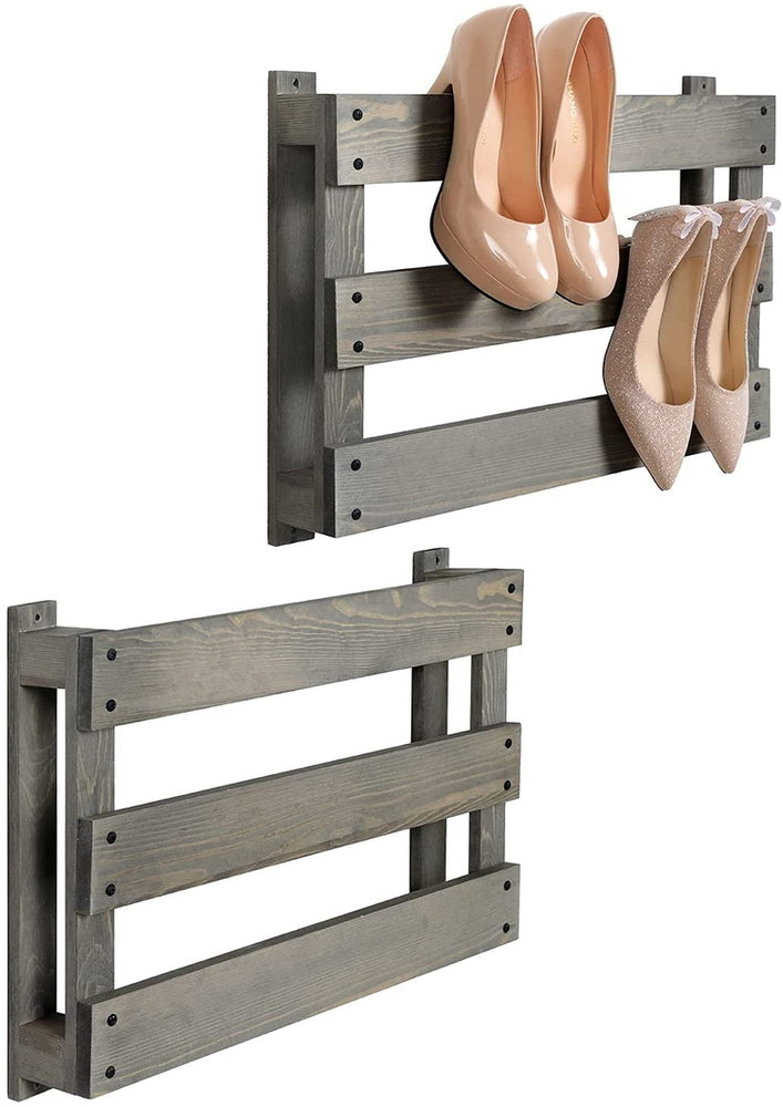 Set of 2, Gray Wood Wall Mounted Slat Design Shoe Storage Rack, Entryway Footwear Organizer Holder-MyGift