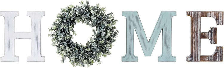Home Sign Wall Decor Home Letters for Wall with Artificial Boxwood Wreath, Wood Individual Cutout Letters-MyGift
