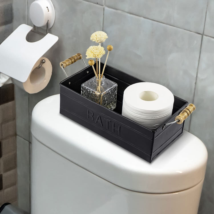 Matte Black Metal Bathroom Storage Basket with Wood Handles, Toiletries Holder Organizer Bin with Embossed BATH Label-MyGift