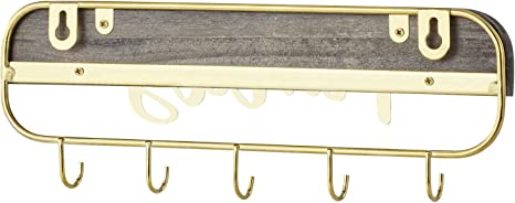 Wall Mounted Key Hooks with Family Word Cutout, Key Holder with Weathered Gray Wood and Brass Tone Metal Wire-MyGift