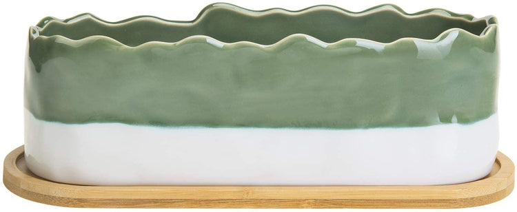 White & Green Rough Edged Glazed Ceramic Planter with Bamboo Tray, 11-Inch Size-MyGift