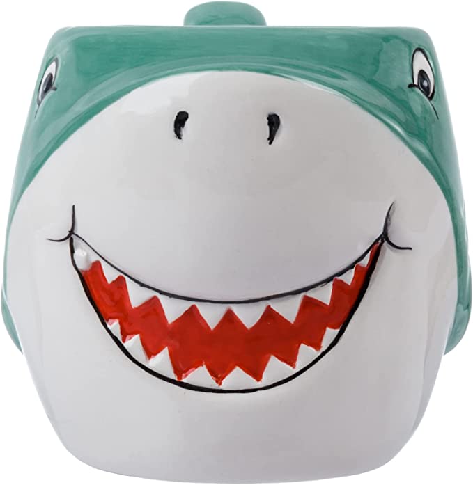 Blue Ceramic Baby Shark Shaped Mug with Handle and Cartoon Smiling Shark Design, Novelty Gift Mugs-MyGift