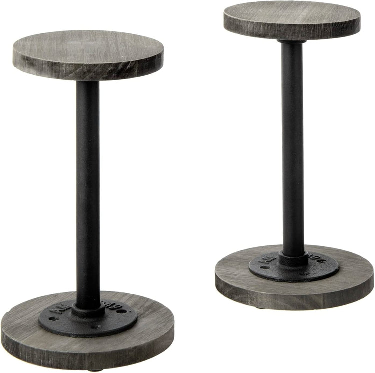 Set of 2, Weathered Gray Wood Hat Stand with Industrial Black Metal Pipe, Tabletop Wig Holder Rack Pedestal Riser-MyGift