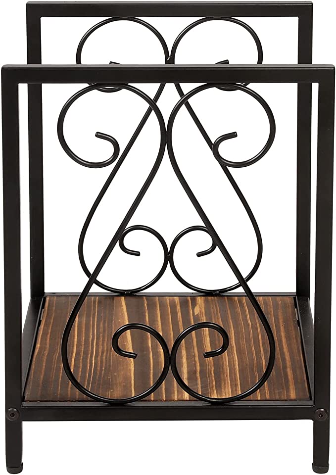 Firewood Rack Fireplace Log Holder, Matte Black Metal & Burnt Solid Wood Freestanding Stacking Lumber Stand-MyGift