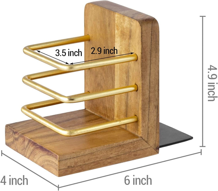 Handcrafted Acacia Wood Bookend Set with Brass Tone Metal Wire Holder Slot Storage for Pens, Pencils, Office Stationery-MyGift