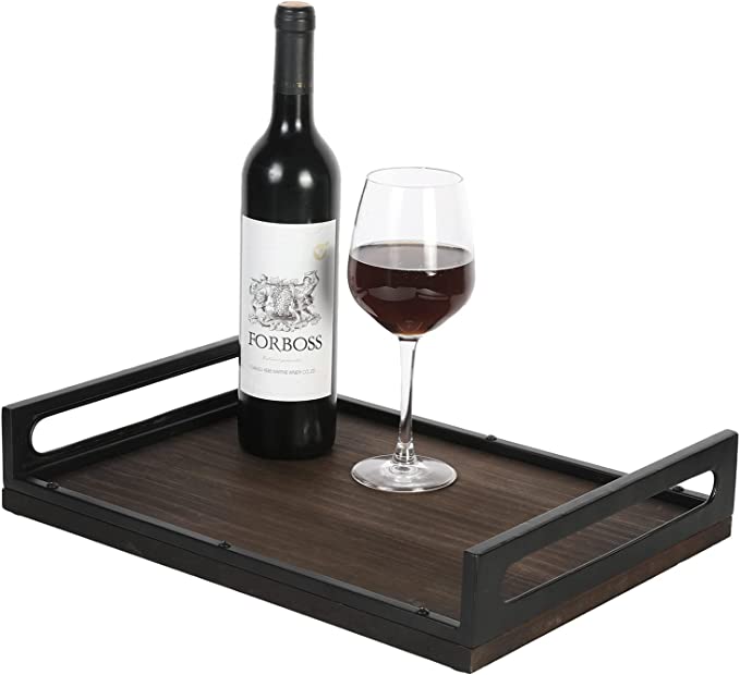 Wood Serving Tray with Cutout Handles, 16 x 12 Inch Matte Black Metal and Burnt Brown Wooden Party Server Tray-MyGift
