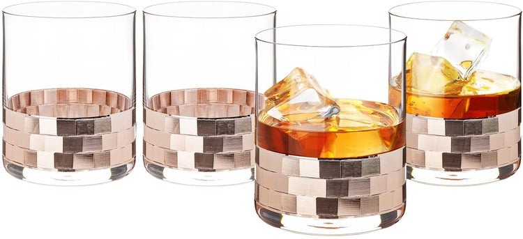 Set of 4, Old Fashioned Glass Tumbler Drinkware Set, Cocktail Beverage Glasses with Hammered Copper Plating Rim Design-MyGift