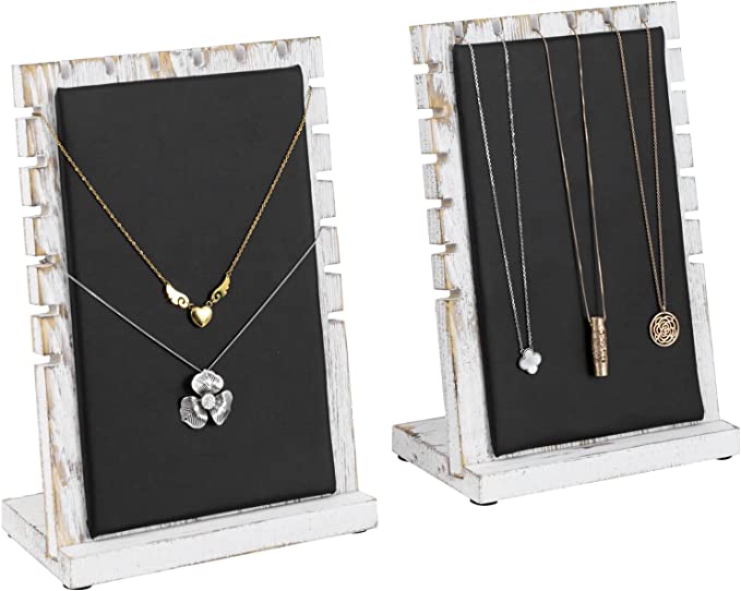 Whitewashed Wood Necklace Display with Black Padded Mat on Removable Board, Tabletop Bracelet Easel Rack, Set of 2-MyGift