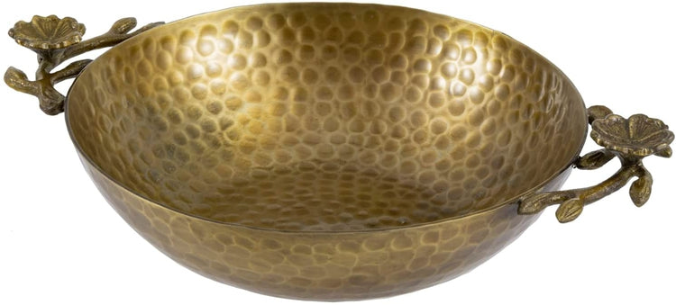 Brass Tone Hammered Metal Fruit Bowl with Floral Shaped Handles, Tabletop Centerpiece Tray Serving Platter Dish-MyGift