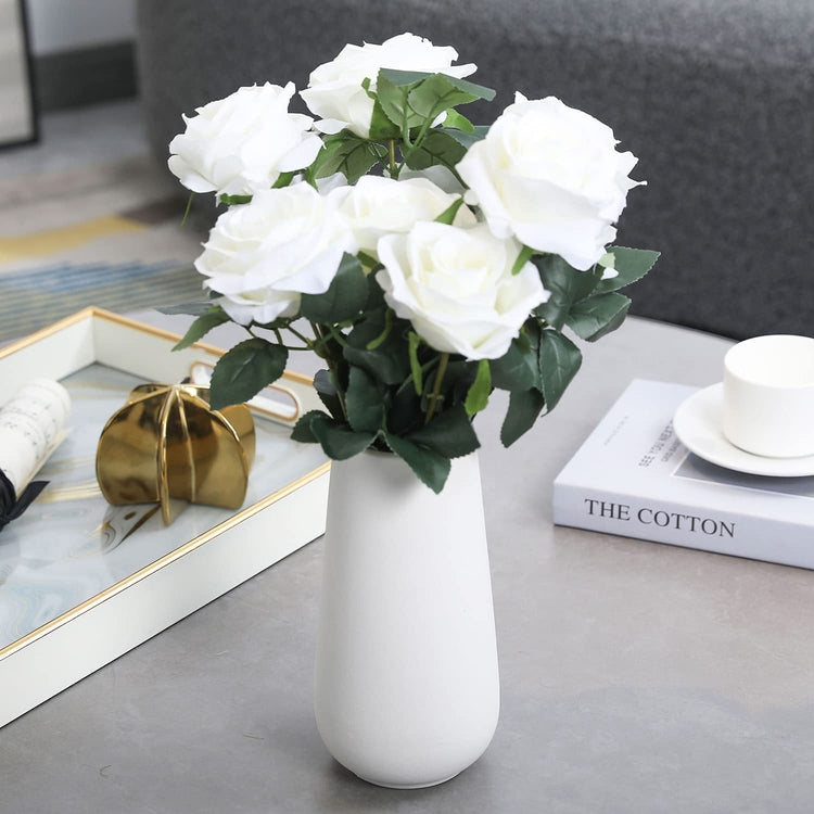 Artificial White Rose Bouquet Arrangement with Vase, Centerpiece Faux Flowers with Matte Ceramic Vase-MyGift