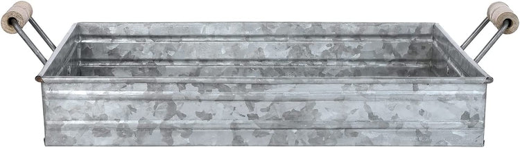 Square Galvanized Metal Decorative Tray with Mango Wood Handles, Farmhouse Serving Tray-MyGift