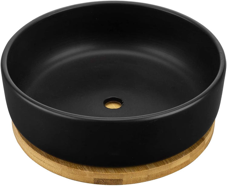 8 Inch Matte Black Ceramic Round Planter Pot with Bamboo Saucer Tray-MyGift