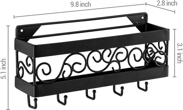 Black Scrollwork Wire Wall Mounted Entryway Mail Rack with Key Hooks-MyGift