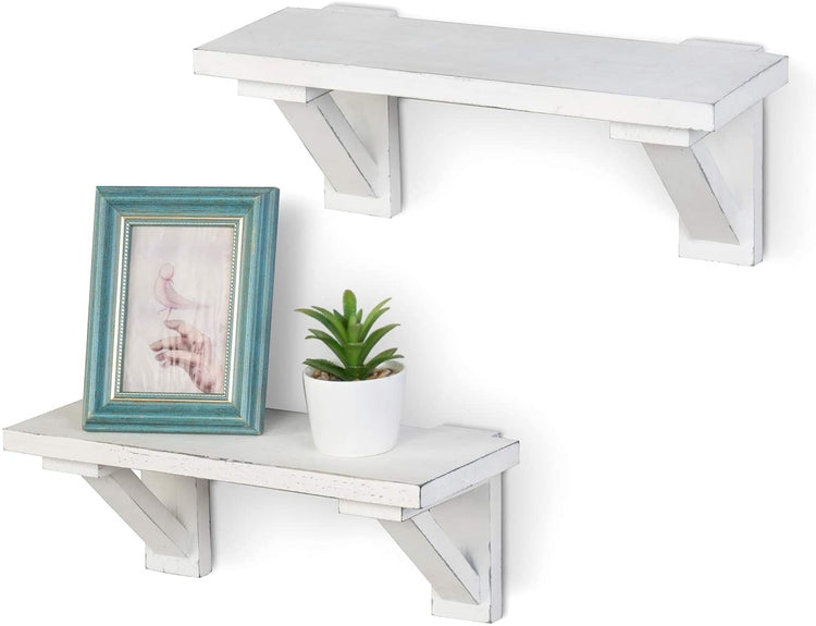 Set of 2 Wood Floating Wall Shelves in Vintage White-MyGift
