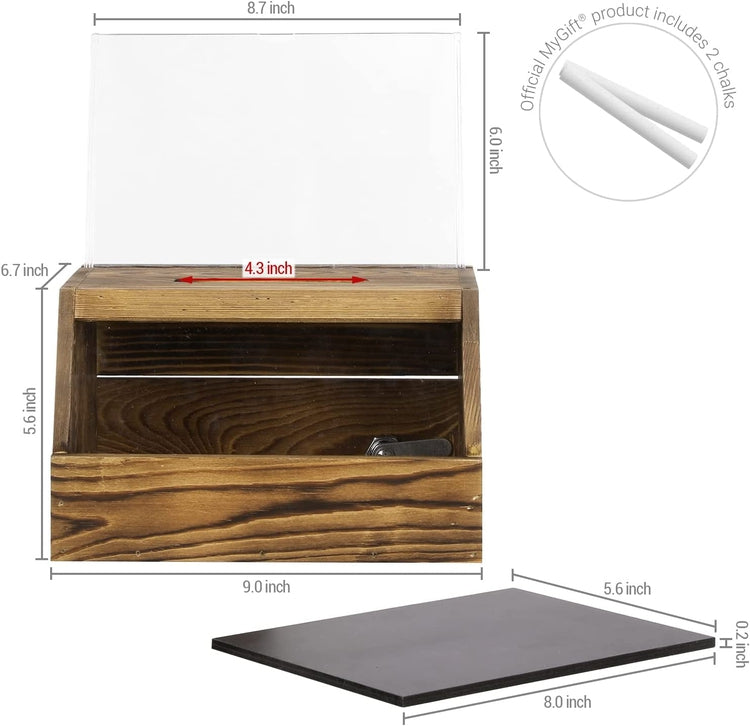 Brown Wood Donation Box with Lock, Suggestion or Tip Box with Window Panel, Chalkboard and Clear Acrylic Sign Holder-MyGift