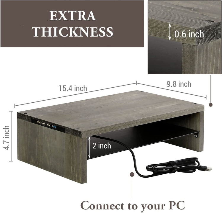 USB Enabled Monitor Stand, Ergonomic Computer Screen Desktop Workstation Riser with USB Ports-MyGift