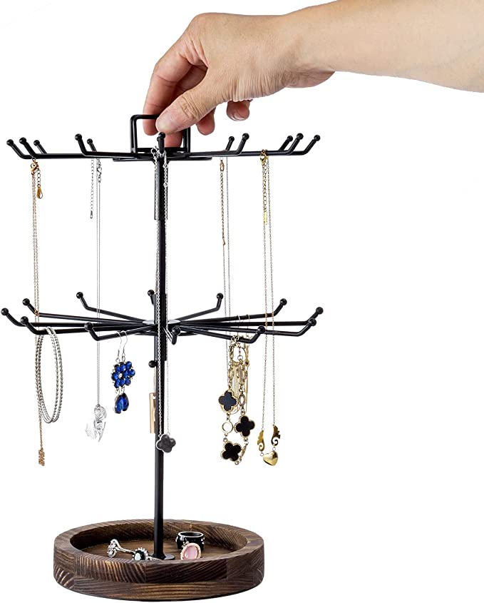 Black Metal & Burnt Wood Base Rotating 2 Tier Jewelry Tree Organizer with 24 Hooks & Top Handle Card Holder-MyGift