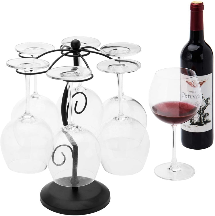 6-Hook Freestanding Black Metal Countertop Wine Glass Holder Rack, Stemware Tree Display Stand-MyGift