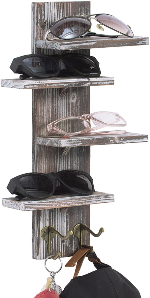Torched Wood Sunglasses Holder Display Stand, Wall Mounted Retail Eyewear Showcase Shelf Rack, Holds 4-Pairs-MyGift