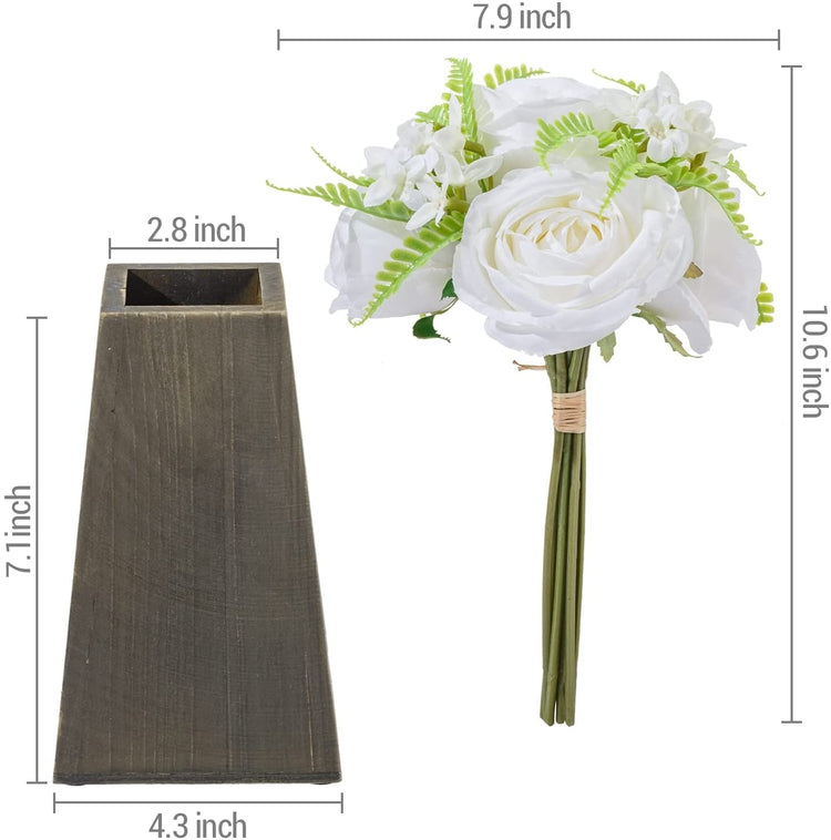 White Artificial Rose Bouquet Arrangement Fake Flowers for Decoration in Gray Brown Tapered Wood Vase-MyGift