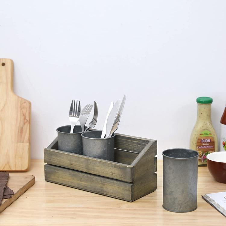 Gray Wood Kitchen Utensil Caddy and Flatware Organizer with 3 Galvanized Metal Buckets-MyGift