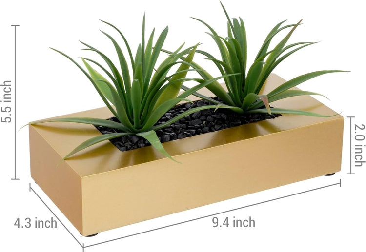 Artificial Green Grass Plants in Brass Tone Wood Decorative Planter Pot, Tabletop Plant Container-MyGift