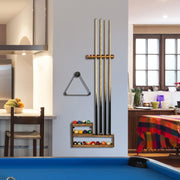 Pool Cue Rack Set, Burnt Wood Billiards Cue Stand Wall Mount Holder, Ball Storage with Pipe Triangle Rack Hanging Hook-MyGift