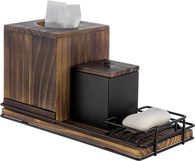 Bathroom Accessories Set with Tissue Box Cover, Soap Dish, Cotton Swab Holder, Vanity Tray-MyGift