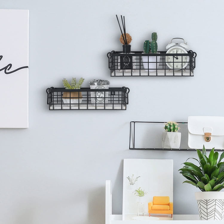 Set of 2, Decorative Storage Baskets with Handles, Black Metal Wire and Whitewashed Wood Rectangular Wall Baskets-MyGift