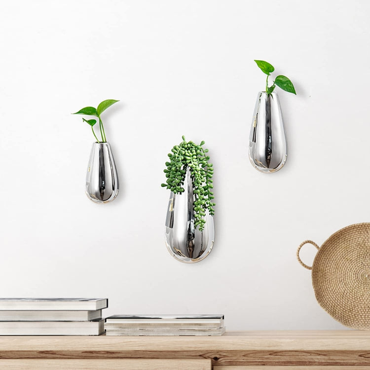 Set of 3, Wall Mounted Flower Vases, Silver Ceramic Oval Teardrop Shaped Plant Holders-MyGift