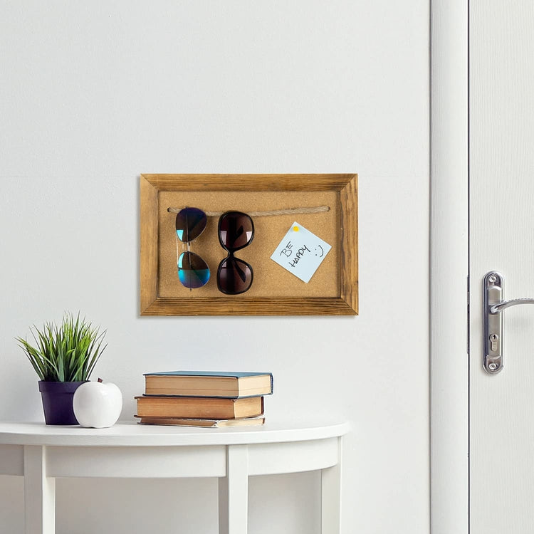 Sunglasses Wall Mounted Organizer, Burnt Wood Framed Eyewear Rack with Cork Bulletin Board with Hanging Rope-MyGift