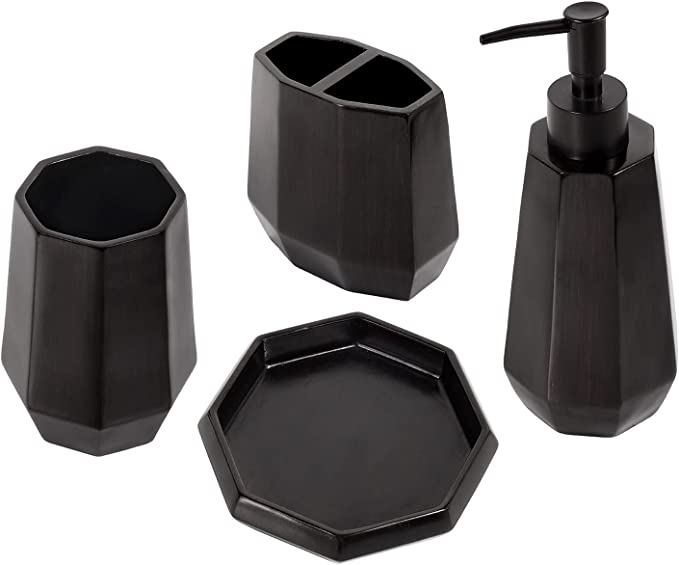 4 Piece Matte Black Resin Bathroom Accessory Set, Includes Soap Dish, Tumbler, Toothbrush Holder and Pump Dispenser-MyGift