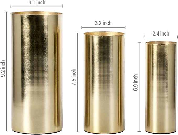 Modern Metal Flower Vase Set of 2, Tall Brass Tone Cylinder Centerpiece Flower Vases-MyGift