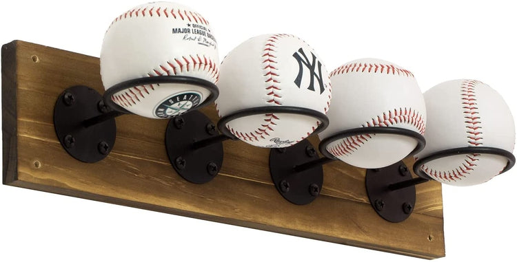 Baseball Holders for Ball Display Rack, Burnt Wood and Matte Black Metal Wire Wall Mounted Ball Storage-MyGift
