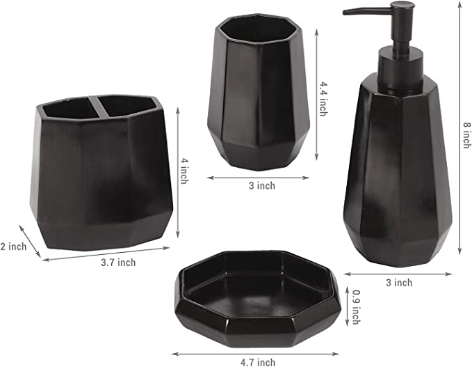 4 Piece Matte Black Resin Bathroom Accessory Set, Includes Soap Dish, Tumbler, Toothbrush Holder and Pump Dispenser-MyGift