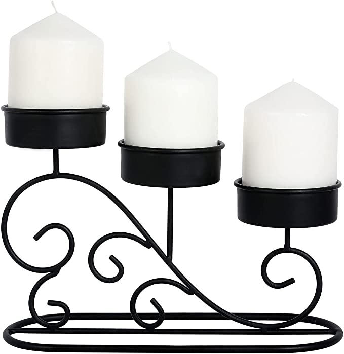 Tabletop Tiered Candelabra, Matte Black Metal Pillar Candle Holder with Vintage Scrollwork Design-MyGift