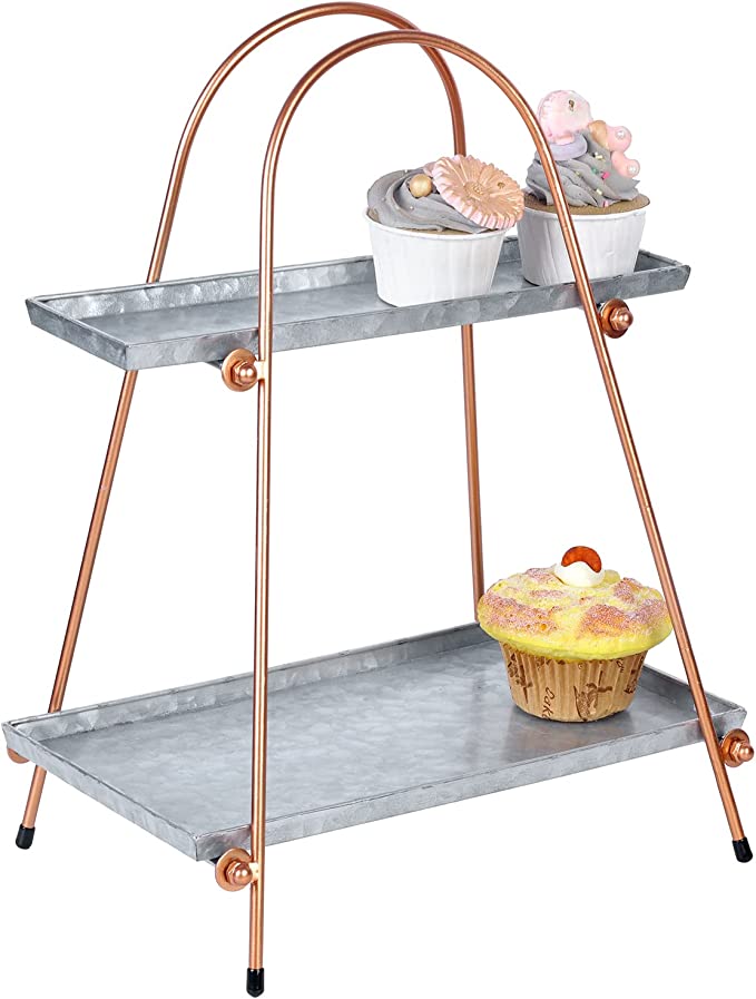 2 Tiered Cupcake Stand, Rustic Galvanized Metal and Vintage Copper Tone Metal Wire Serving Tray Tower-MyGift