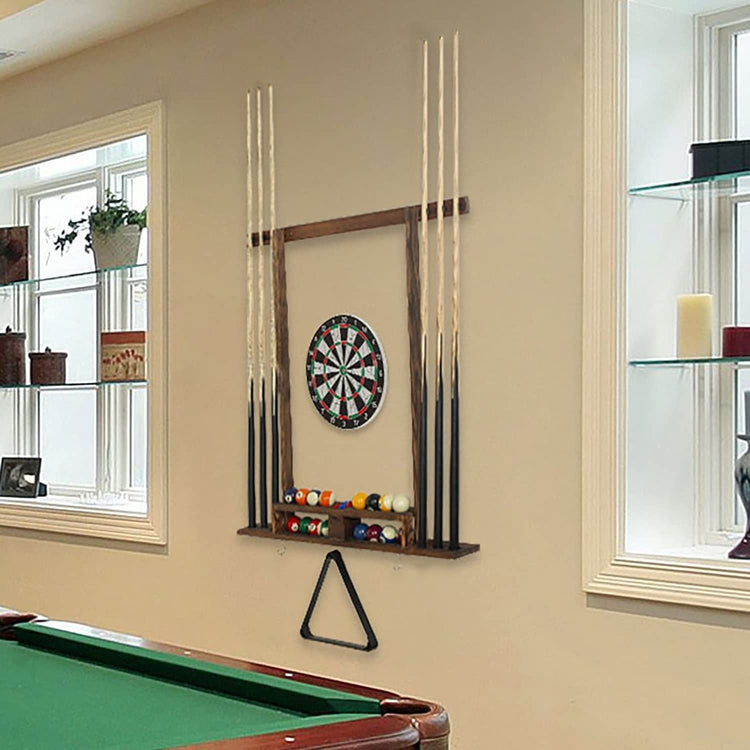 Wall Mounted Burnt Wood Billiard Stick Pool Cues and Ball Holder Organizer Rack with 3 Brass Storage Hooks-MyGift