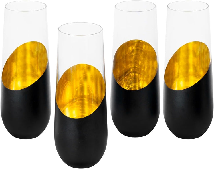 Black and Gold Tone Plated Champagne Flutes, Holiday New Year Party Toasting Glass, Set of 4-MyGift