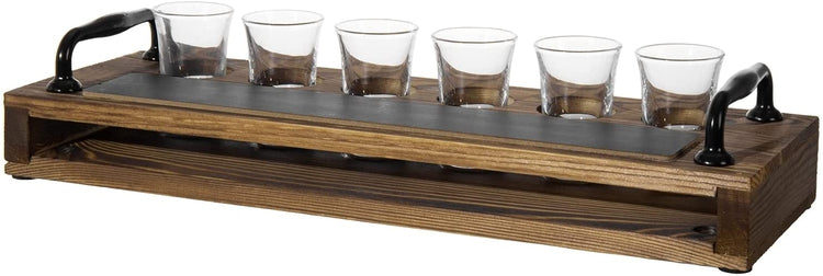 Tequila Shot Glass Liquor Flight Tasting Set Includes Burnt Wood Serving Tray with Chalkboard Panel and 6 Shot Glasses-MyGift