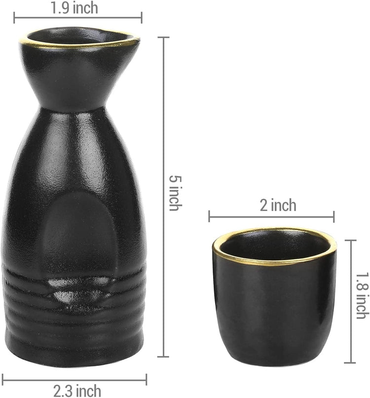 5 pc Japanese Oriental Style Black and Gold Rim Ceramic Sake Set with Serving Carafe Bottle and 4 Shot Cup Glasses-MyGift