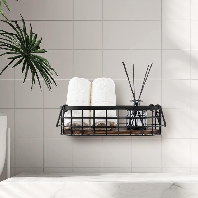 Nesting Storage Baskets, Wall Mounted or Tabletop Black Metal Wire and Oval Burnt Wood Small Baskets with Handles-MyGift