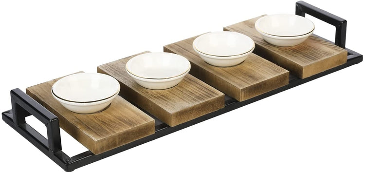 Burnt Wood, Black Metal Kitchen Sauce Tray with Handles White Ceramic Gold Rimmed Bowls for Dips, Sauces or Appetizers-MyGift