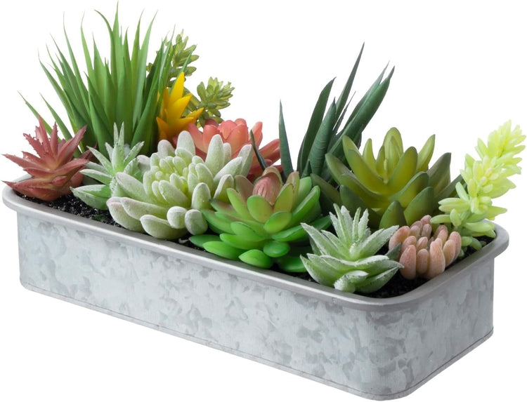 Artificial Assorted Succulents in Rectangular Galvanized Metal Window Box Style Planter, Tabletop Faux Plant Centerpiece-MyGift