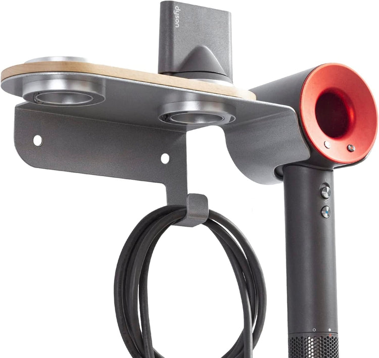 Wall Mounted Storage Holder for Dyson Hair Dryer and Accessories, Beech Wood and Aluminum Hair Dryer Tool Rack-MyGift