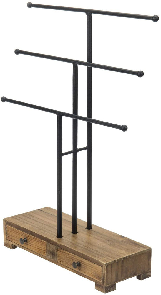 Black Metal T-Bar Jewelry Display Stand w/ Wooden Base & Ring Drawers-MyGift