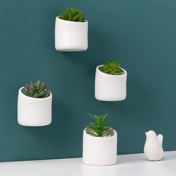 Set of 4, Matte White Ceramic Wall-Mounted Hanging Cylinder Planter Pots-MyGift
