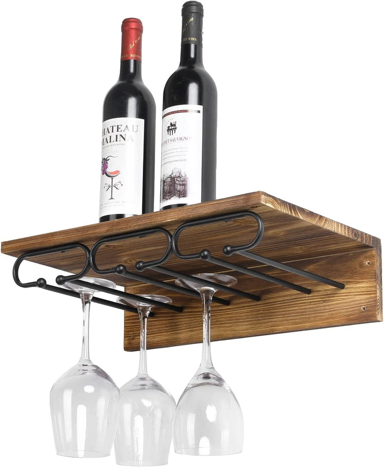 Burnt Wood and Black Metal Floating Wine Glass Holder, Stemware Wall Rack with Bottle Display Shelf-MyGift